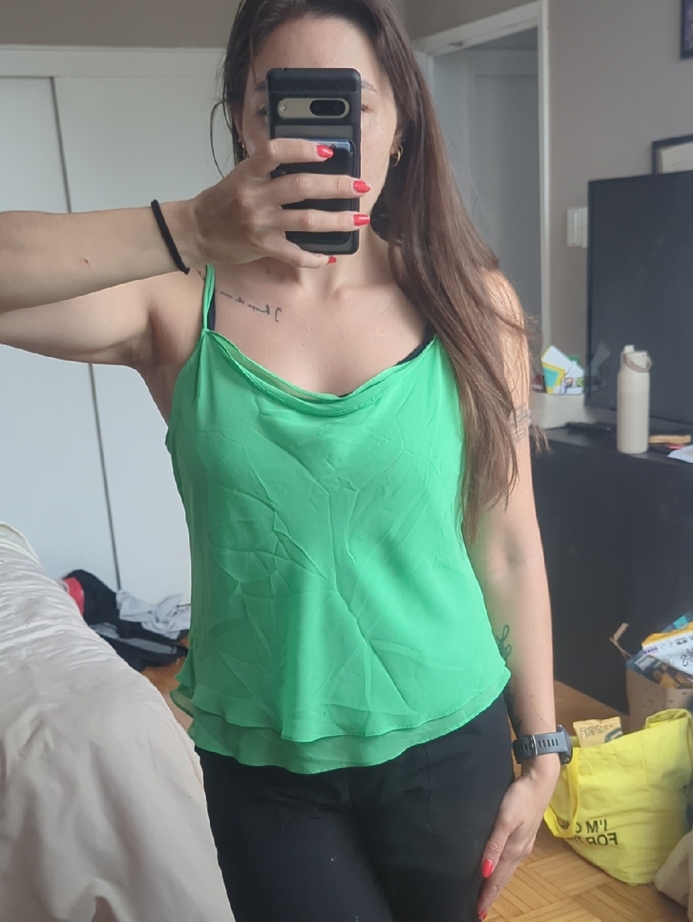 Bright Green Layered Cowl-Neck Camisole with Adjustable Straps